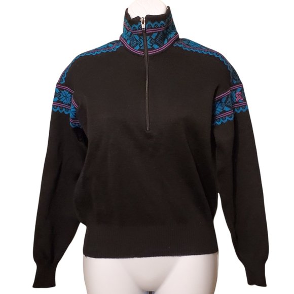 DEMETRE Pure Virgin Wool Black Aztec Trim Sweater Size M - Picture 1 of 8